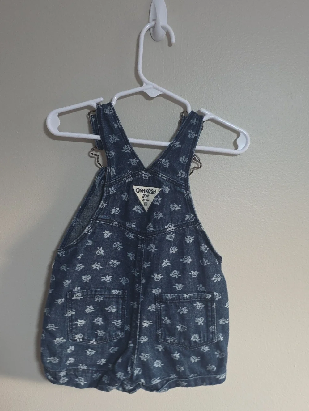 OshKosh B'gosh Indigo Floral Denim Short Overalls with White Print